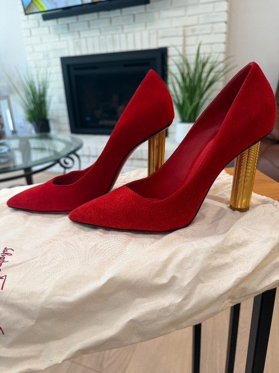 Salvatore Ferragamo Shoes - Salvatore Ferragamo Bari X5 Lipstick Red Suede Gold Heel Pumps Size 8 B